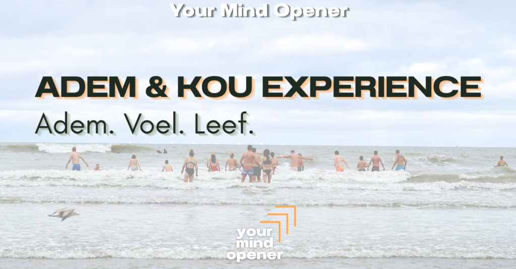Deelnemers van de Adem & Kou Experience lopen samen de golven in voor de koude water experience aan het strand.
